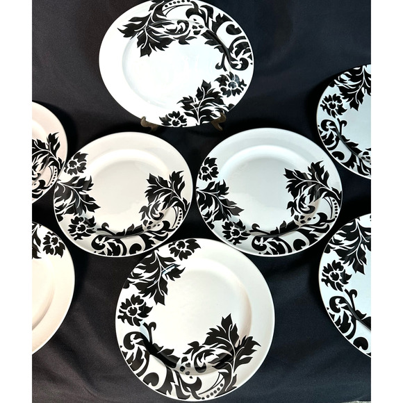 Coventry Porcelain China Black and White Damask II Salad Plate 8" SET of 8 - Picture 5 of 7